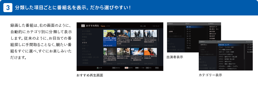 分類した項目ごとに番組名を表示。だから選びやすい!