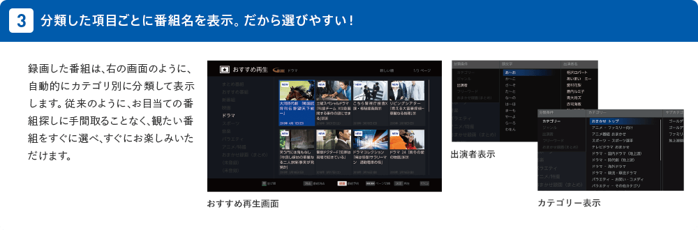 分類した項目ごとに番組名を表示。だから選びやすい！