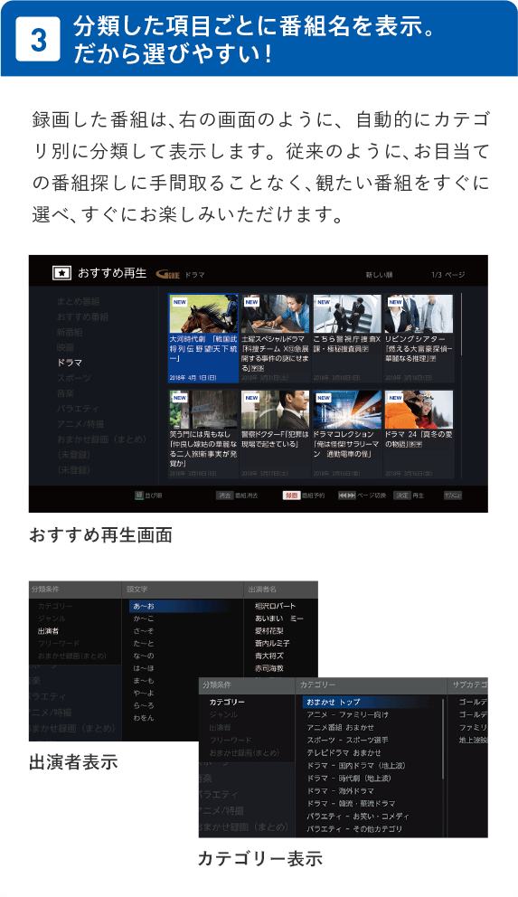 分類した項目ごとに番組名を表示。だから選びやすい!