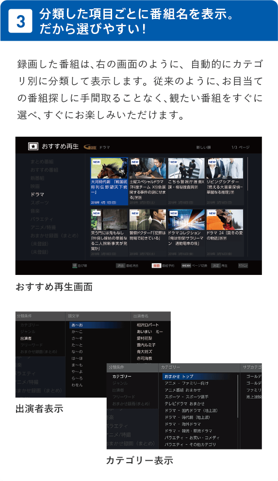分類した項目ごとに番組名を表示。だから選びやすい！