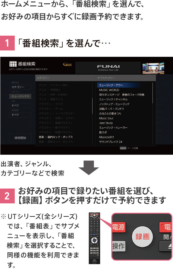  ホームメニューから、「番組検索」を選んで、お好みの項目からすぐに録画予約できます。