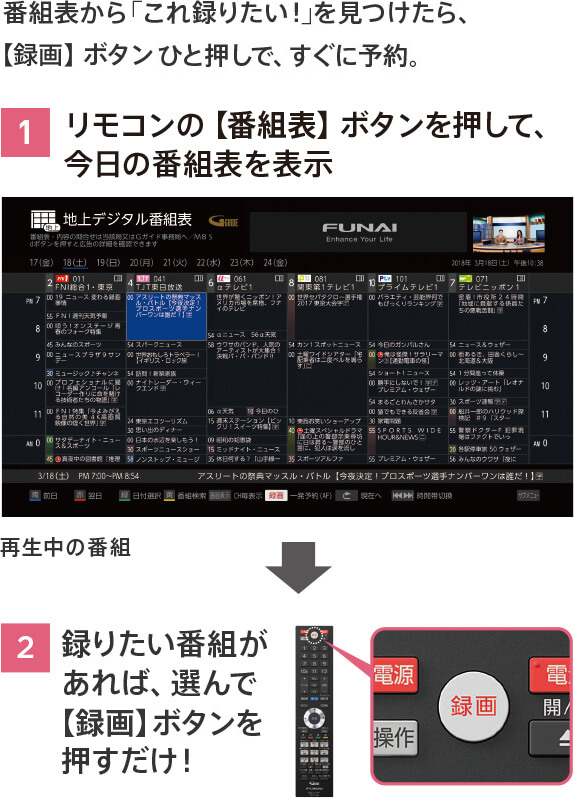 番組表から、「これ録りたい!」を見つけたら、「録画ボタン」ひと押しで、すぐに予約。