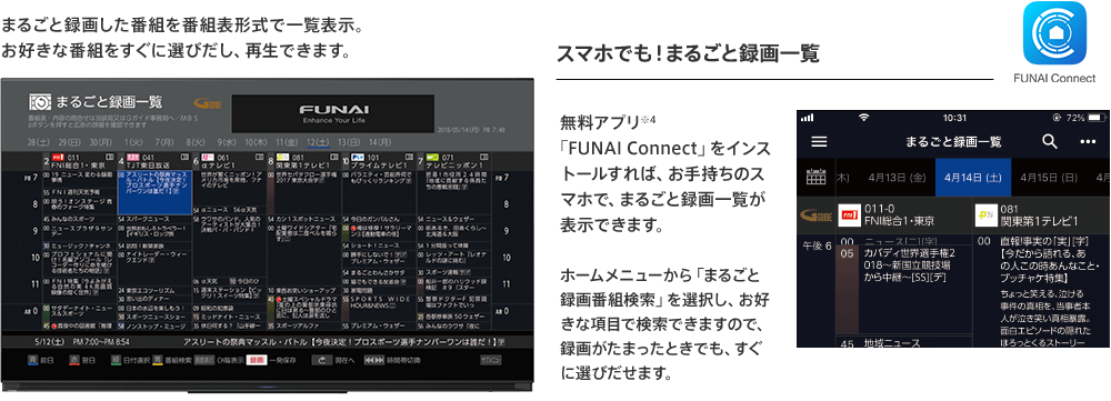 まるごと録画した番組を番組表形式で一覧表示。お好きな番組をすぐに選びだし、再生できます。