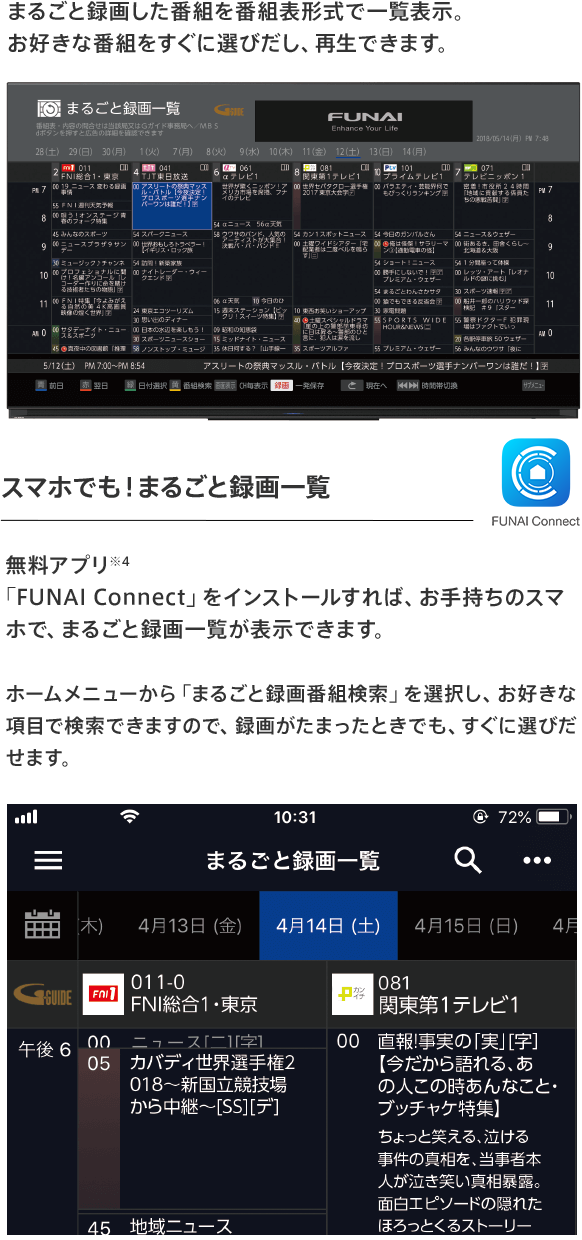 まるごと録画した番組を番組表形式で一覧表示。お好きな番組をすぐに選びだし、再生できます。