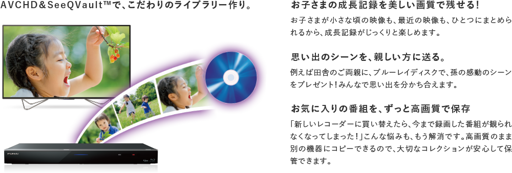 AVCHD&SeeQVault™で、こだわりのライブラリー作り。 お子さまの成長記録を美しい画質で残せる! お子さまが小さな頃の映像も、最近の映像も、ひとつにまとめられるから、成長記録がじっくりと楽しめます。 思い出のシーンを、親しい方に送る。 例えば田舎のご両親に、ブルーレイディスクで、孫の感動のシーンをプレゼント! お気に入りの番組を、ずっと高画質で保存 「新しいレコーダーに買い替えたら、今まで録画した番組が観られなくなってしまった!」こんな悩みも、もう解消です。高画質のまま別の機器にコピーできるので、大切なコレクションが安心して保管できます。