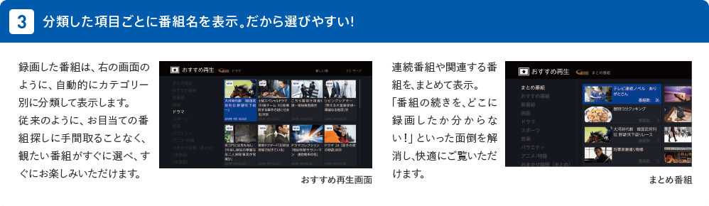 3 分類した項目ごとに番組名を表示。だから選びやすい! 録画した番組は、右の画面のように、自動的にカテゴリー別に分類して表示します。従来のように、お目当ての番組探しに手間取ることなく、観たい番組がすぐに選べ、すぐにお楽しみいただけます。 連続番組や関連する番組を、まとめて表示。「番組の続きを、どこに録画したか分からない!」といった面倒を解消し、快適にご覧いただけます。