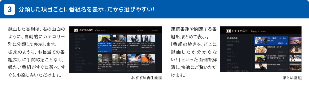 3 分類した項目ごとに番組名を表示。だから選びやすい! 録画した番組は、右の画面のように、自動的にカテゴリー別に分類して表示します。従来のように、お目当ての番組探しに手間取ることなく、観たい番組がすぐに選べ、すぐにお楽しみいただけます。 連続番組や関連する番組を､まとめて表示。｢番組の続きを､どこに録画したか分からない！」といった面倒を解消し､快適にご覧いただけます。