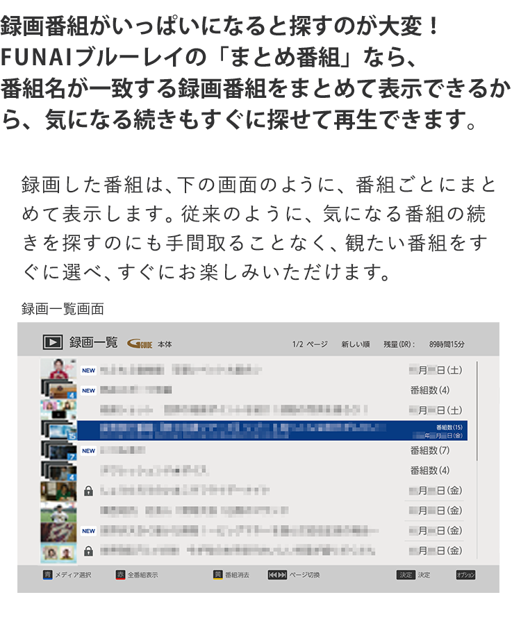 録画番組がいっぱいになると探すのが大変！FUNAIブルーレイの「まとめ番組」なら、番組名が一致する録画番組をまとめて表示できるから、気になる続きもすぐに探せて再生できます。