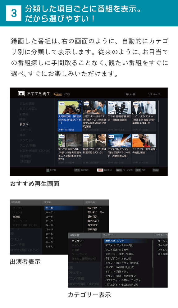 分類した項目ごとに番組名を表示。だから選びやすい！