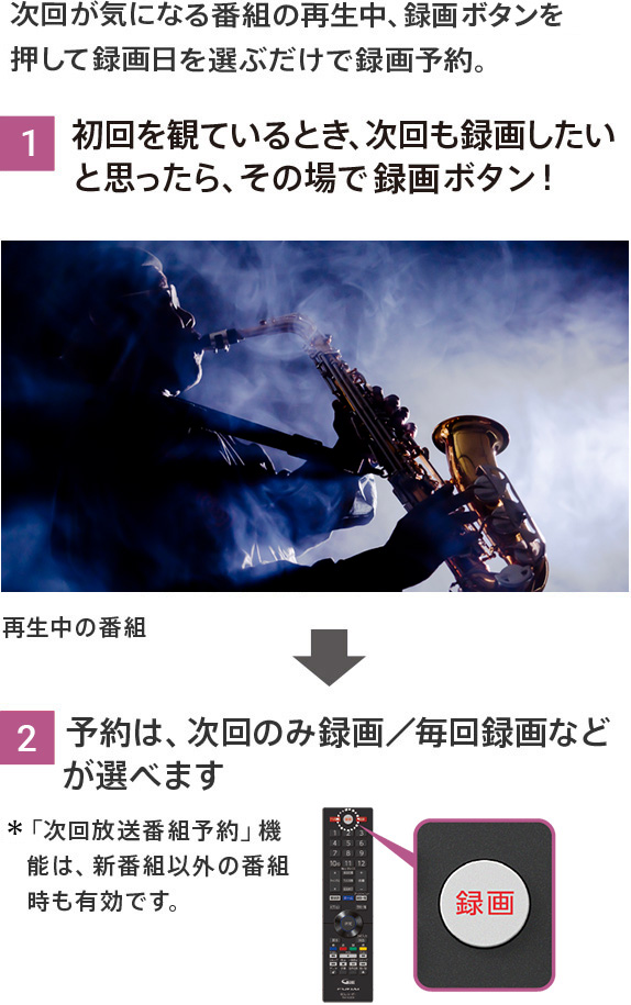 次回が気になる番組の再生中、録画ボタンを押して録画日を選ぶだけで録画予約。