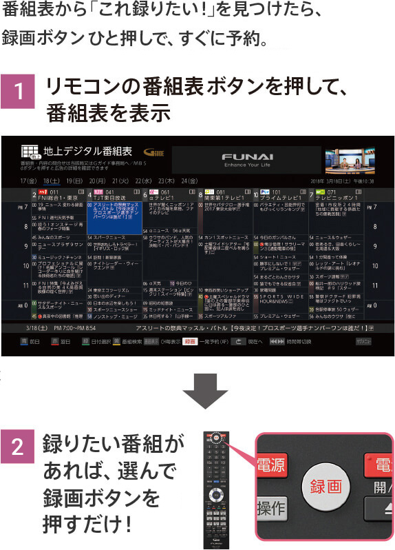 番組表から、｢これ録りたい！｣を見つけたら、｢録画ボタン｣ひと押しで、すぐに予約。