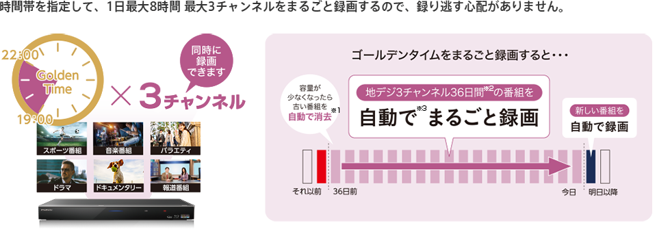 時間帯を指定して、1日最大8時間 最大3チャンネルをまるごと録画するので、録り逃す心配がありません。