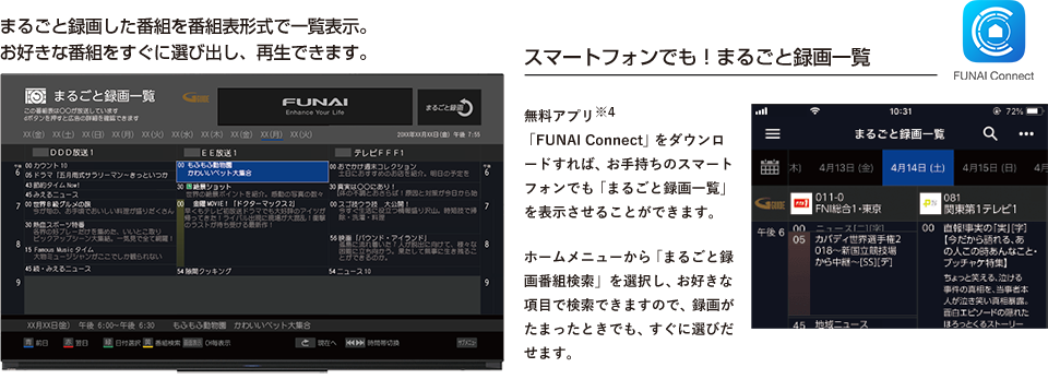 まるごと録画した番組を番組表形式で一覧表示。お好きな番組をすぐに選びだし、再生できます。