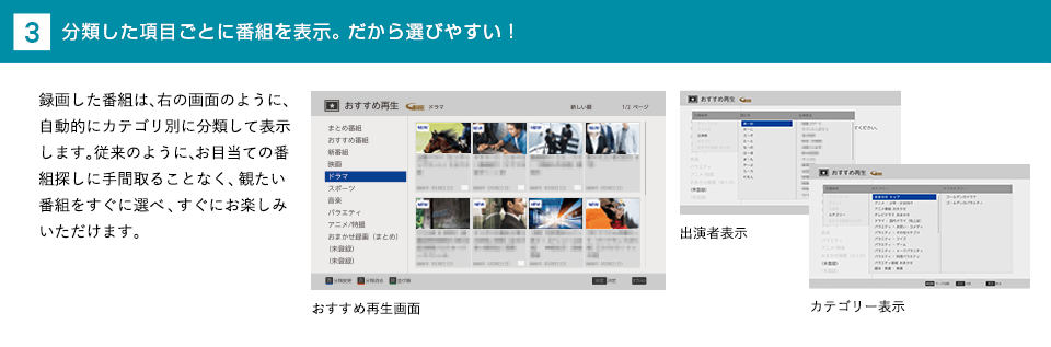 分類した項目ごとに番組名を表示。だから選びやすい！