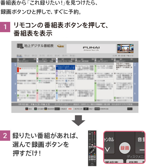 番組表から、｢これ録りたい！｣を見つけたら、｢録画ボタン｣ひと押しで、すぐに予約。