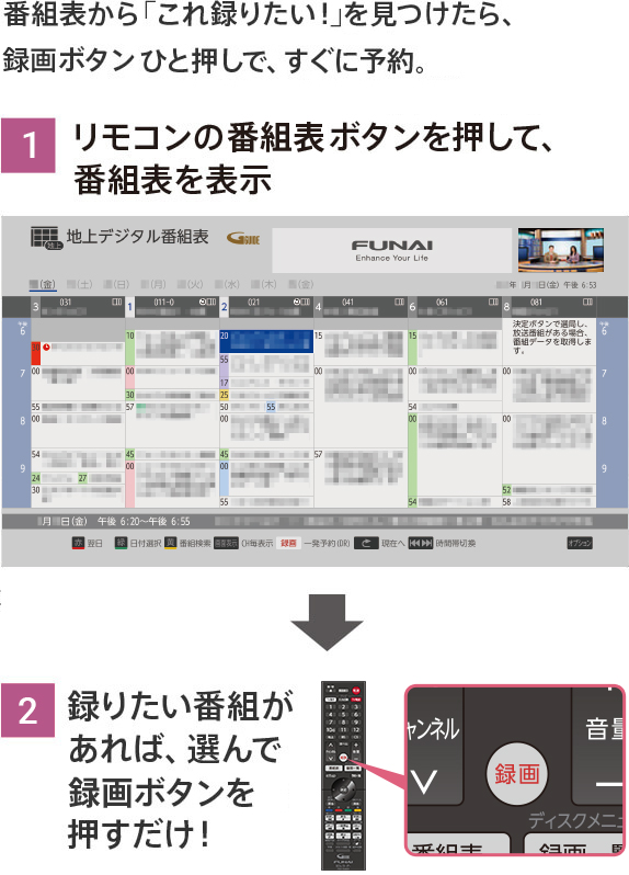 番組表から、｢これ録りたい！｣を見つけたら、｢録画ボタン｣ひと押しで、すぐに予約。